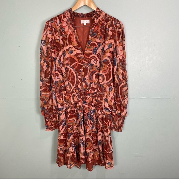 ALC Silvie Silk Mini Dress Ginger Combo Smocked Abstract Metallic Sz 12 - Picture 2 of 11
